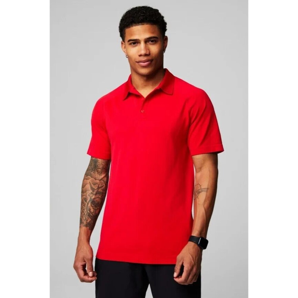 Fabletics Men's Medium The Training Day Polo Shirt Red - Breathable Active Gym